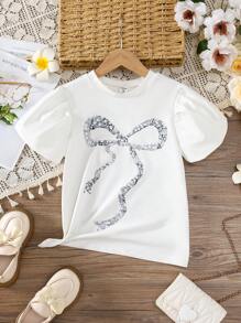 SHEIN Nieuw gelanceerd! Meisjes T-shirts met korte mouwen, ronde hals en strikprint voor tieners. Ze zijn comfortabel, modieus, schattig, lief en hebben een Japanse en Koreaanse casual stijl.