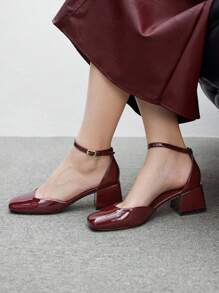 CUCCOO BIZCHIC Giày cao gót Mary Jane bằng da bóng màu đỏ rượu vang có quai ở mắt cá chân, giày cao gót đế vuông, thoải mái và đa năng khi đi làm, hẹn hò, tiệc tùng, ngày lễ, ngày lễ tình nhân - Màu Đỏ Sâu - Xem 5