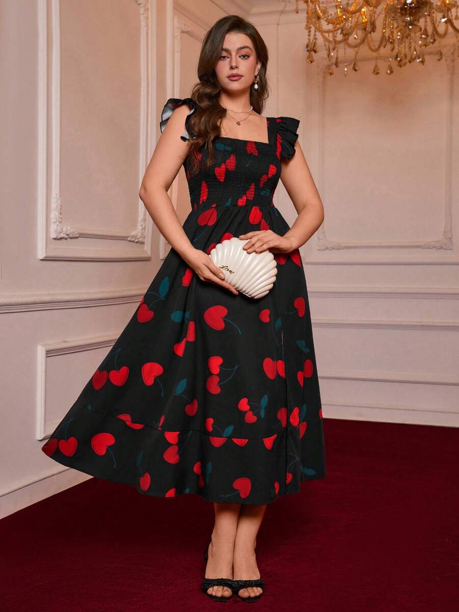 SHEIN VCAY Plus Size Vacation Printed Front Split Lapel Ruffled Long Dress.Valentine,Casual Picnic Party.Heart - Black - View 1