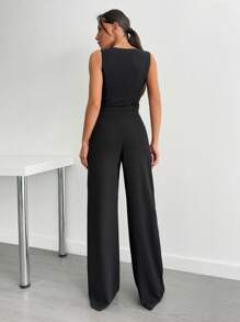 EURMUSE 女士无袖纽扣休闲编织连体裤，简约设计 - 黑色 - 查看 2