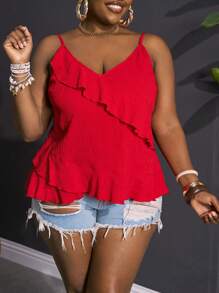 Slaydiva 大码女式 V 领荷叶边吊带背心，适合海滩度假 - 紅色 - 查看 11