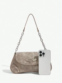 SHEIN ICON 女士，女式单肩包，流浪包，时尚，个性化，简约，多功能，街头，甜美酷炫女孩，辣妹，Y2K，复古，复古，金属链条，Y2K包，2000年代时尚风格，哥特朋克女包 - 卡其色 - 查看 5