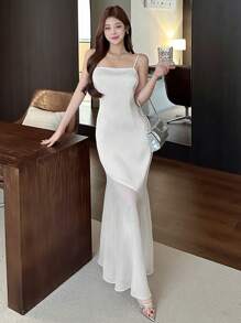 DAZY 女式白色透明网眼拼接长款吊带裙，春夏 FirstDateOutfits 优雅正式女装 - 白色 - 查看 6