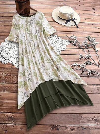 EMERY ROSE Vestido casual bohemio de mujer de talla grande con cuello redondo, manga corta, estampado, doble capa, parches, dobladillo asimétrico, para vacaciones, vestidos de verano, atuendo del Día de San Patricio, conjuntos de verano para mujer