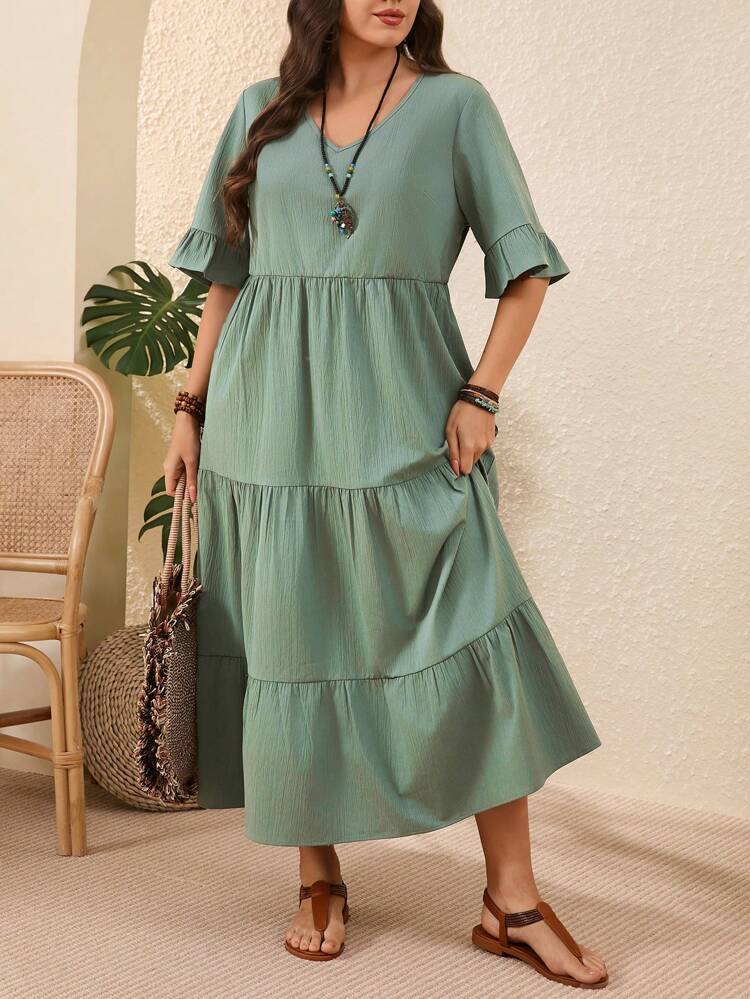 Plus Size Women V-Neck Solid Color Ruffle Sleeve Dress,Vacation Outfits Woman ,Casual Dresses For Woman Women Midi Dresses,Spring/Summer