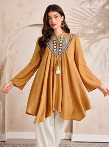 Al Najma Modest Casual Pattern Fringe Trim Arabic Style Top For Women - Yellow - View 5