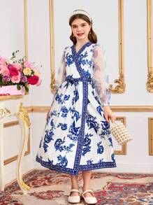 1 peça vestido estilo vintage com estampa floral e emenda francesa, manga bufante longa, cintura franzida, primavera/verão - Branco - Ver 3