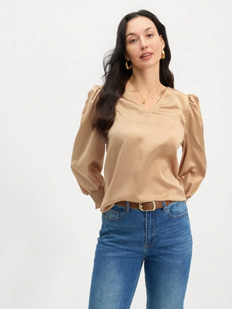 Women's Solid V-Neck Long Sleeve Simple Casual Blouse