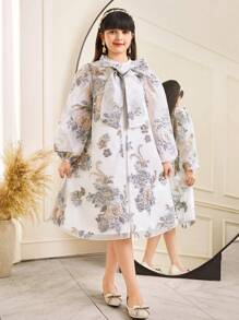 SHEIN Tween Girl Loose Elegant Jacquard Coat & Sleeveless Dress 2pcs Set - White - View 4