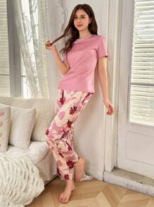 2 件套青少年女孩睡衣，粉色简约时尚纯色衬衫和印花裤家居服套装
