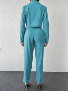 EURMUSE 女款鈕扣前襟長袖簡約西裝外套與長褲套裝 - 薄荷綠 - 查看 2