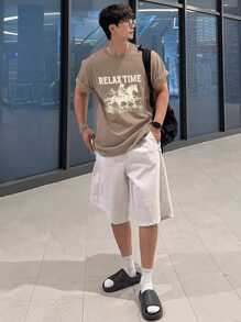DAZY T-Shirt With Denim Pattern & Letter Print, Summer,Graphic Tees - Brown - View 5