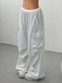 SHEIN EZwear Women's Solid Color Patchwork Front Tie Pocket Simple Casual Sweatpants - Grey - View 4