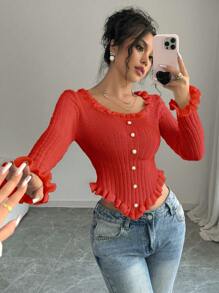 Chiquease New Square Collar Frill Trim Long Sleeve Fitted Sweater For Young Women Knit Pullover Fall Winter