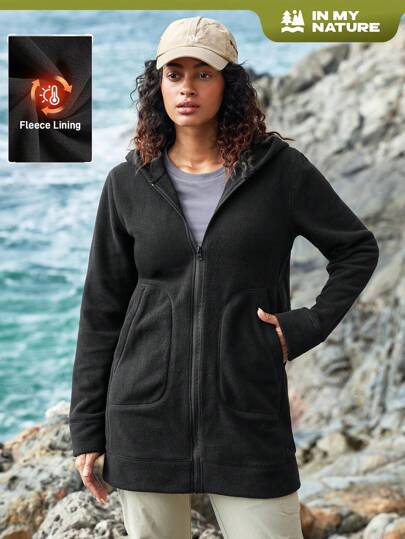 In My Nature 女士秋冬羊羔绒连帽中长款户外休闲运动拉链夹克