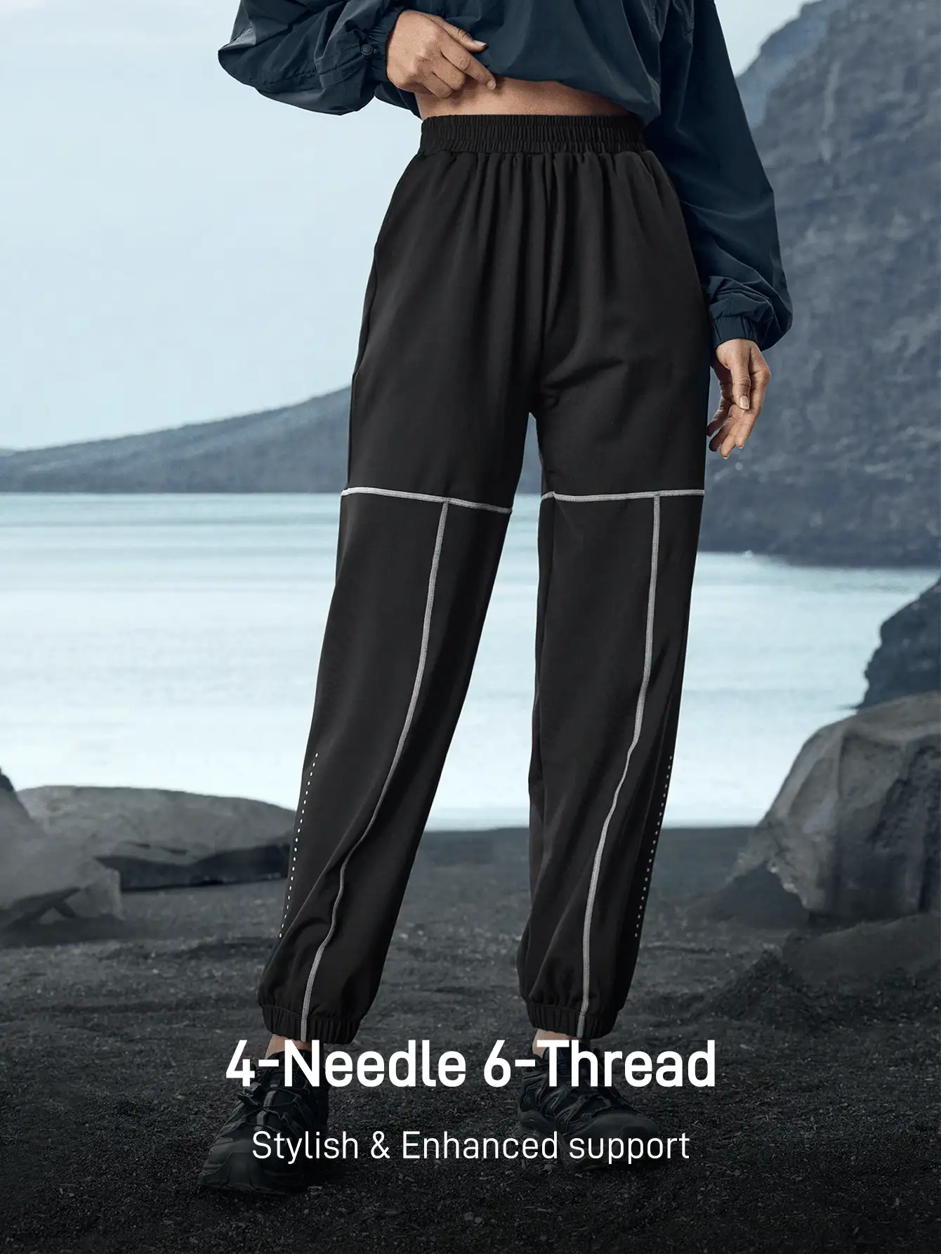 In My Nature 女士弹性腰部侧条纹户外运动裤 - 黑色 - 查看 2