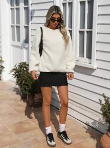 SHEIN EZwear 女士纯色圆领长袖简约卫衣，休闲日常套头衫，秋季款 - 米色 - 查看 6