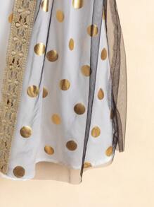 SHEIN 年轻女孩斋月长袍 Kaftan Jalabiya 束腰外衣，国庆节朴素服装，奢华优雅时尚黑色网眼金色饰边长袍 + 长款白色金属波尔卡圆点连衣裙 2 件套 - 彩色 - 查看 3