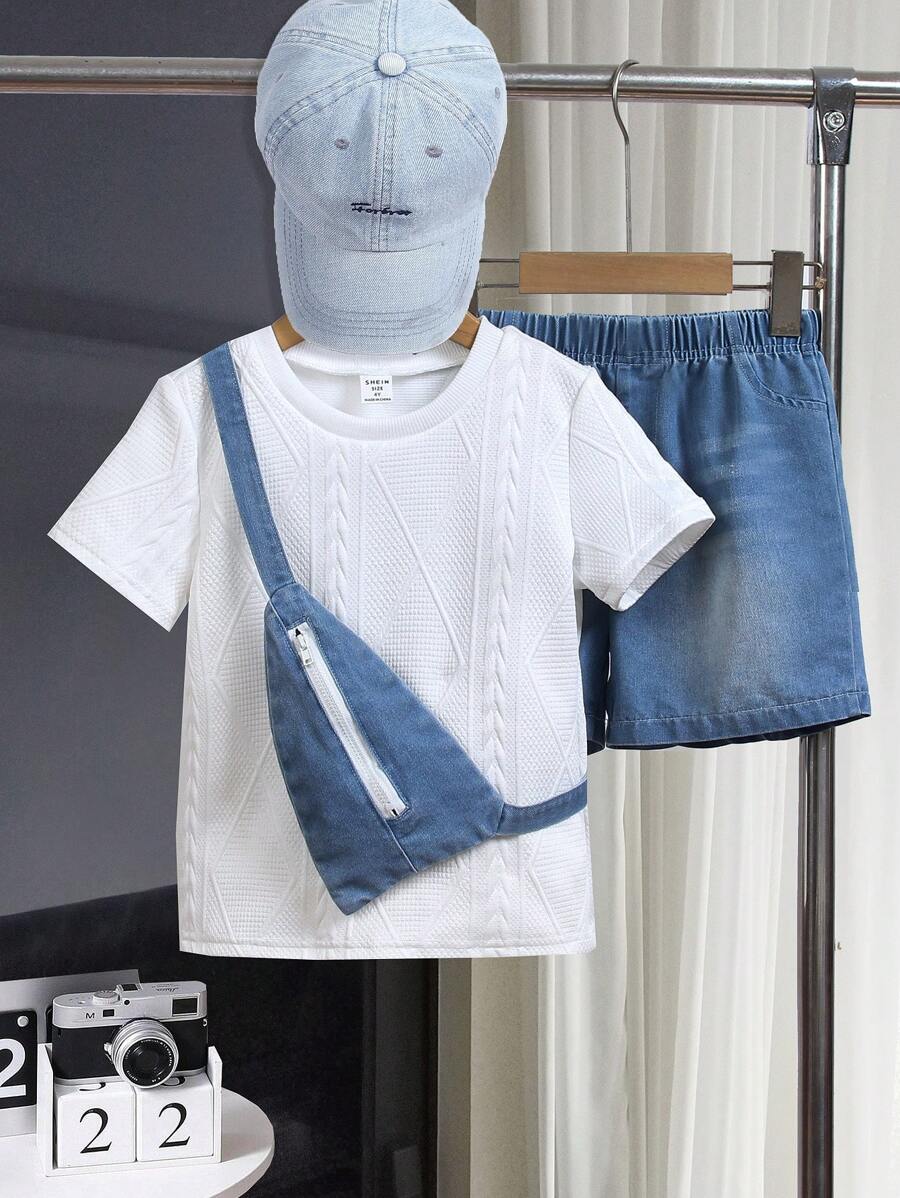 SHEIN 男童纯色圆领短袖上衣和短裤休闲两件套 - 彩色 - 查看 1