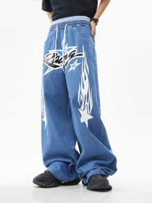 ROMWE MEN Prep Men's Lace-Up Pocket Letter Print Casual Plain Jeans