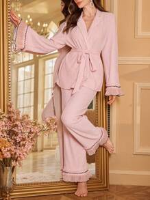 撞色边提花领系带长袖和长裤睡衣套装 - 淺粉色 - 查看 5