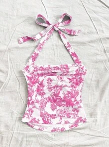 Soleia Women's Vacation Racerback Tank Top With Halter, White & Print - Pink - View 3