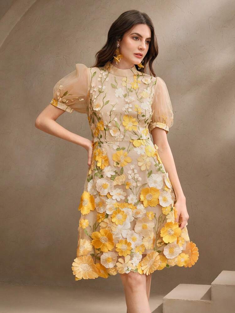 Anewsta فستان نسائي أنيق مطرز بالشبك الجاكار، مناسب لفصلي الربيع والصيف، مناسب لعيد الحب، عذاء الليل، أزياء العطلات - أصفر - مشاهدة 5