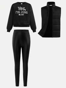 SHEIN Tween-Mädchen 3-teiliges Set Locker sitzendes Sweatshirt mit Rundhalsausschnitt und Buchstabengrafik, Hose aus PU-Leder und dicke Weste mit Stehkragen, lässig und warm - Schwarz - Übersicht 4