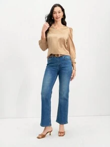 EMERY ROSE 女士纯色 V 领长袖简约休闲衬衫