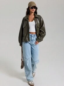 EURMUSE PU Leather Stylish Hidden-Fly Detailed Women's Jacket - Khaki - View 5