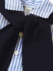 SHEIN 2pcs Young Boys Casual Blue & White Striped Collared Long Sleeve Shirt And Knit Scarf Set, Spring/Autumn