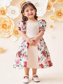 SHEIN Leap Crew Baby Girl Elegant Puff Sleeve Floral Print Color Block Patchwork Dress - Pink - View 4