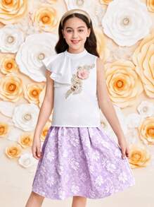 SHEIN 2pcs/Set Tween Girls Casual Stand Collar Asymmetric Ruffle Sleeveless Blouse & Jacquard Skirt Outfit - Mauve Purple - View 6