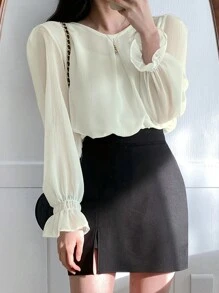 DAZY 女士纯色圆领长袖优雅衬衫，商务休闲，秋季，荷叶边，秋季女装 - 白色 - 查看 3