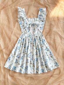 Soleia Women's Floral All Over Print Sleeveless Simple Elegant Dress - Blue - View 2