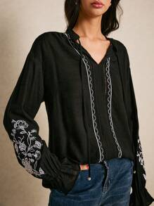 Poéselle Women's Floral Embroidery Front Tie Long Sleeve Casual Blouse - Black - View 3