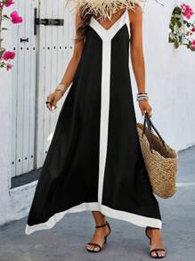 SHEIN PETITE Women Black & Apricot Contrast Color Spaghetti Strap Woven Dress - Black - View 3