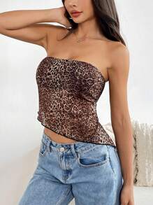 Flirla Top tubo asimétrico con estampado de leopardo sexy Y2K