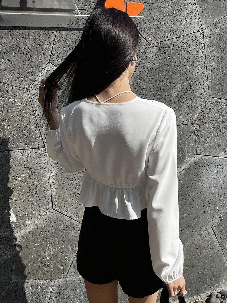 Women's Casual Contrast Color Short Ruffle Hem Tie-Front Long Sleeve Blouse Top, Suitable For Summer,Fall Clothes