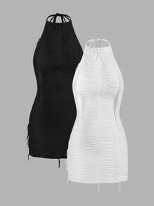 SHEIN ICON Set de 2 piezas Vestido mini con detalle de flecos rasgados - Blanco y Negro - Ver 2