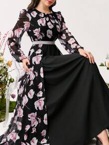 Modelyn 女士纯色拼布圆领长袖休闲连衣裙 - 黑色 - 查看 1