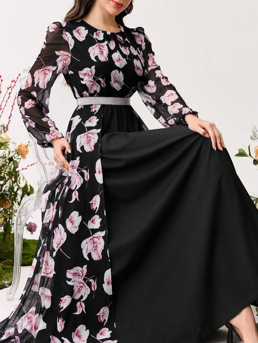 Modelyn 女士纯色拼布圆领长袖休闲连衣裙 - 黑色 - 查看 1