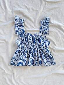 Soleia 女式 A 字型盖袖衬衫，适合度假、音乐节、波西米亚风、节日、下午茶 - 藍白色 - 查看 2