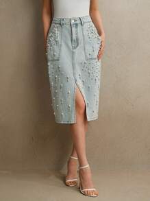 Anewsta Falda vaquera con bordados de cuentas adelgazantes para mujeres, primavera/verano