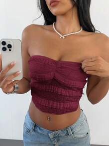 Aloruh Áo crop top ren nơ xếp nếp màu trơn lãng mạn thanh lịch mới cho nữ - Màu Đỏ Sâu - Xem 5