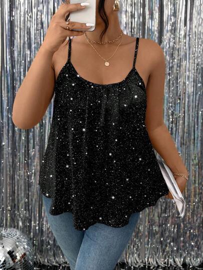 SHEIN Frenchy Plus Size Women Simple Elegant Shiny Spaghetti Strap Tank Top, Suitable For Summer