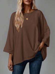 SHEIN CURVE+ Áo thun gia đình rộng rãi thoải mái dài tay cỡ lớn cho nữ - màu nâu - Xem 3