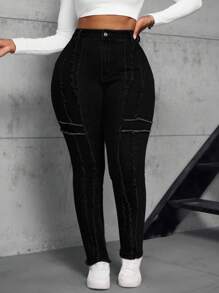 SHEIN SXY Plus Size High Waisted Stretchy Denim Skinny Jeans With Raw Hem Panels