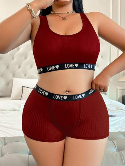 Plus Size Solid Color Patchwork Sleeveless Minimalist Top And Bottom Lingerie Set