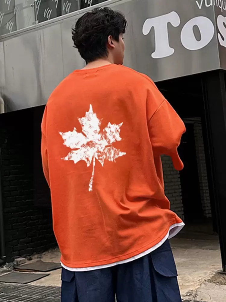 Summer Men's Maple Leaf Print Oversized T-Shirt, Orange,Graphic Tees